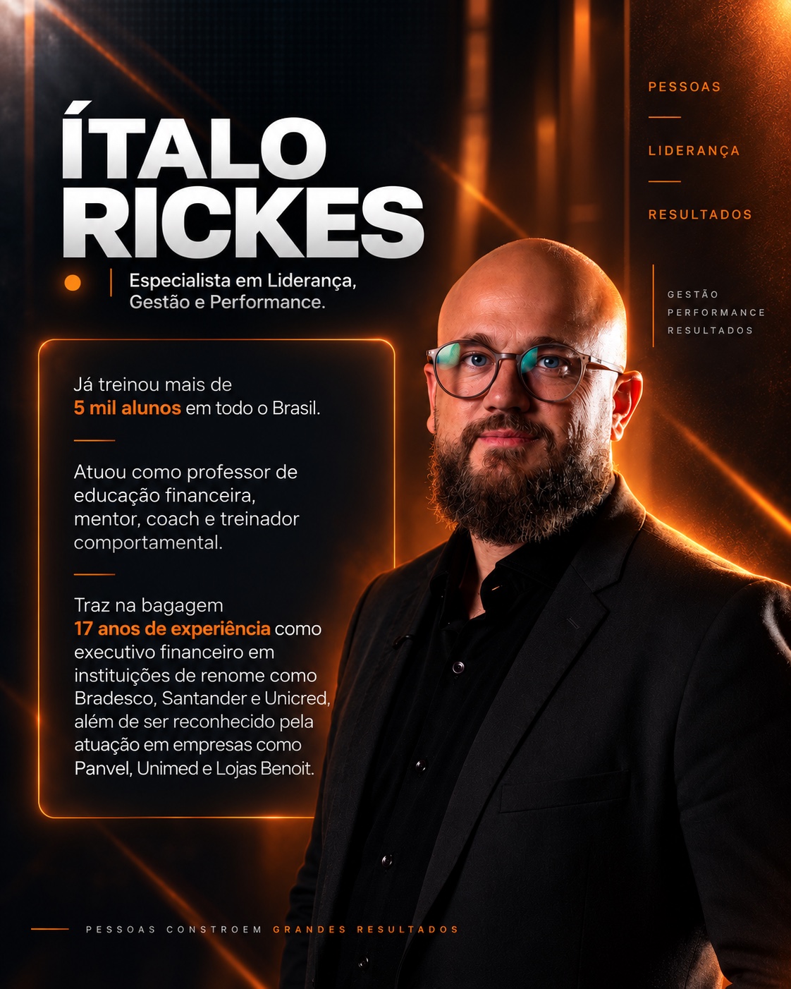 Ítalo Rickes, especialista em Liderança, Gestão e Performance. Já treinou mais de 5 mil alunos em todo o Brasil. Atuou como professor de educação financeira, mentor, coach e treinador comportamental. Traz na bagagem 17 anos de experiência como executivo financeiro em instituições de renome como Bradesco, Santander e Unicred, além de ser reconhecido pela atuação em empresas como Panvel, Unimed e Lojas Benoit.