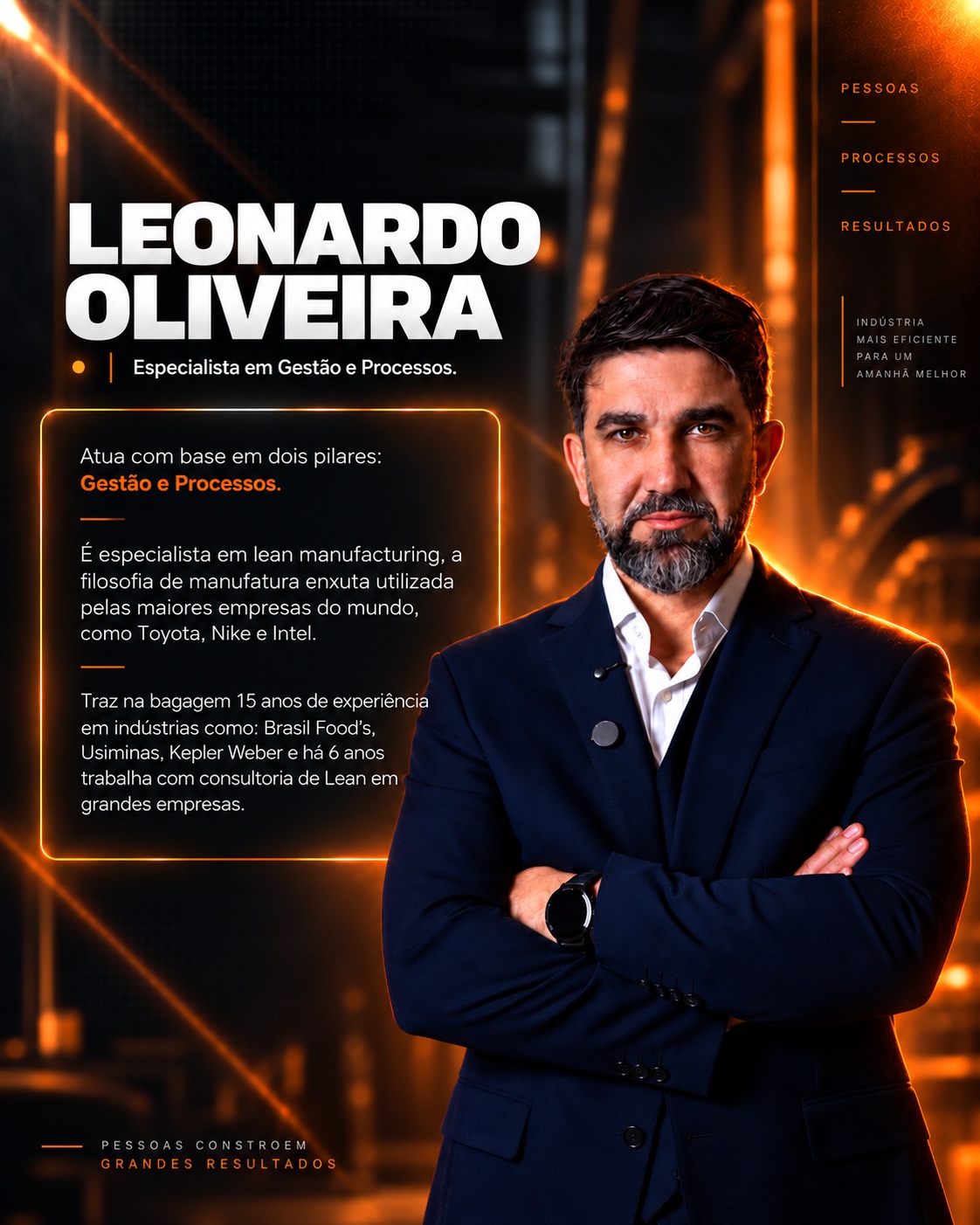 Leonardo Oliveira, especialista em Gestão e Processos. Atua com base em dois pilares: Gestão e Processos. É especialista em lean manufacturing, a filosofia de manufatura enxuta utilizada pelas maiores empresas do mundo, como Toyota, Nike e Intel. Traz na bagagem 15 anos de experiência em indústrias como Brasil Food's, Usiminas, Kepler Weber e há 6 anos trabalha com consultoria de Lean em grandes empresas.